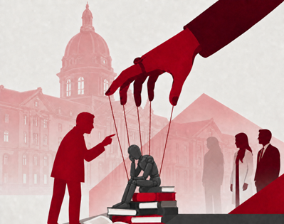 KI-generiertes Bild Illustration zu Machtmissbrauch; Figur sitzt in gebückter Haltung auf einem Stapel aus Büchern gesteuert von einer Hand; andere Person in domminierender Pose; im Hintergrund die Konturen der Universität Bern