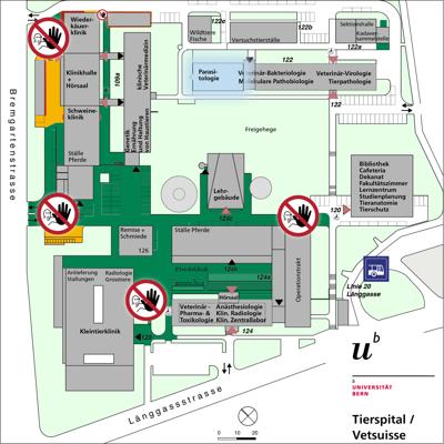 Situationsplan des Areals Tierspital: Markiert ist die Parasitologie am westlichen Ende des Gebäudes 122