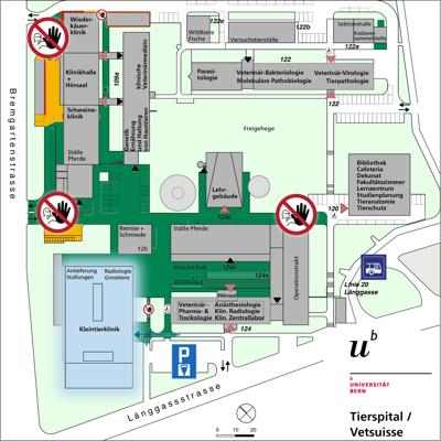 Situationsplan des Areals Tierspital: Markiert ist das Gebäude 128, die Kleintierklinik