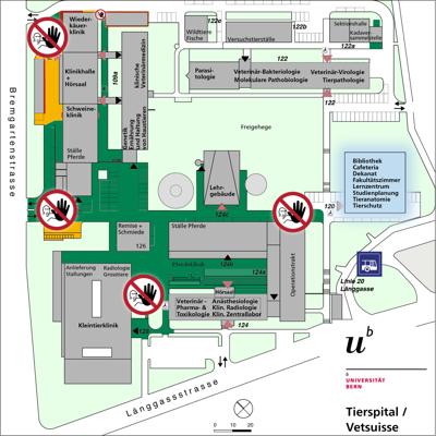 Situationsplan des Areals Tierspital: Markiert ist das Gebäude 120 mit der Bibliothek, der Cafeteria, dem Dekanat, dem Fakultätszimmer, dem Lernzentrum, der Studienplanung, der Tieranatomie und der Abteilung Tierschutz.